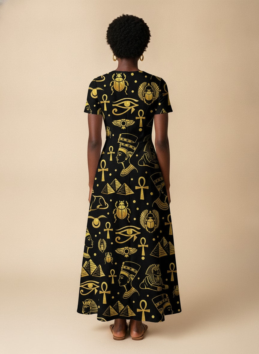 'Nefertiti' Black Gold Short Sleeve Maxi Dress