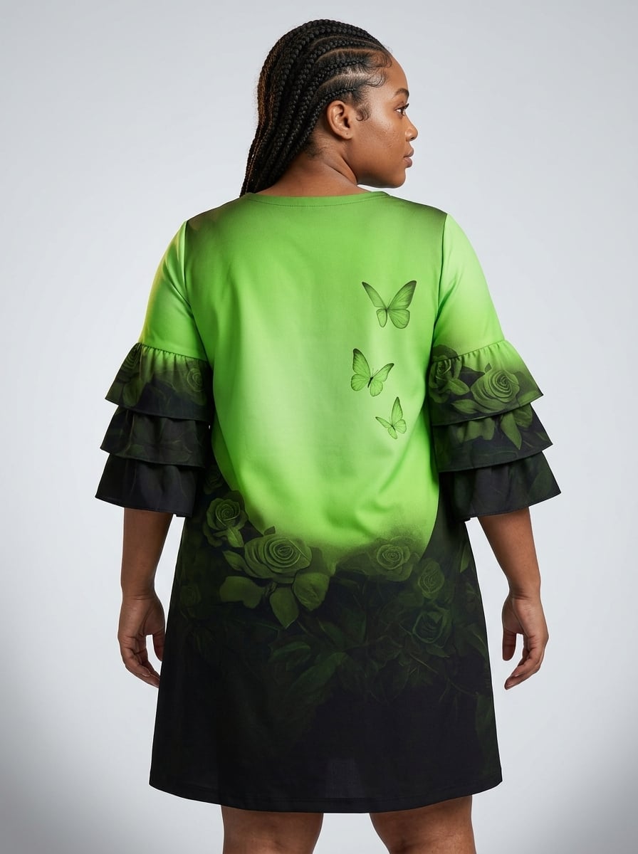 'Selah' Green Stacked Ruffle Sleeve Dress