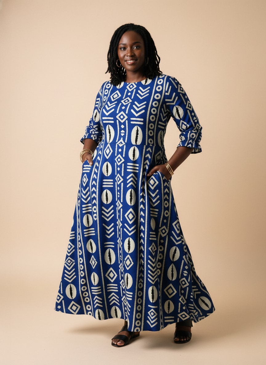 'Oshun' Royal Blue Long Sleeve Maxi Dress