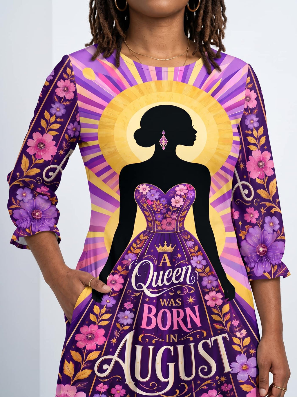'August Queen Purple Bloom' Long Sleeve Maxi Dress
