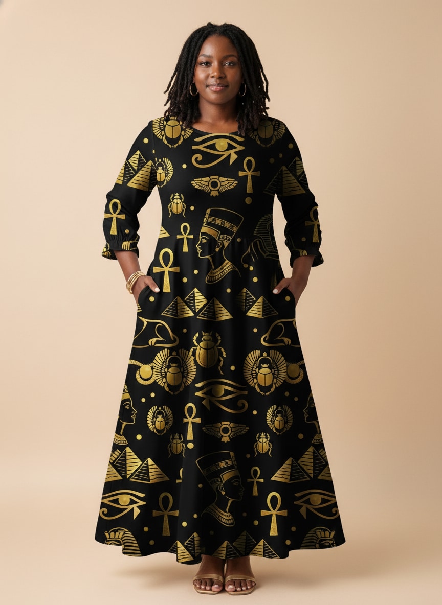'Nefertiti' Black Gold Long Sleeve Maxi Dress