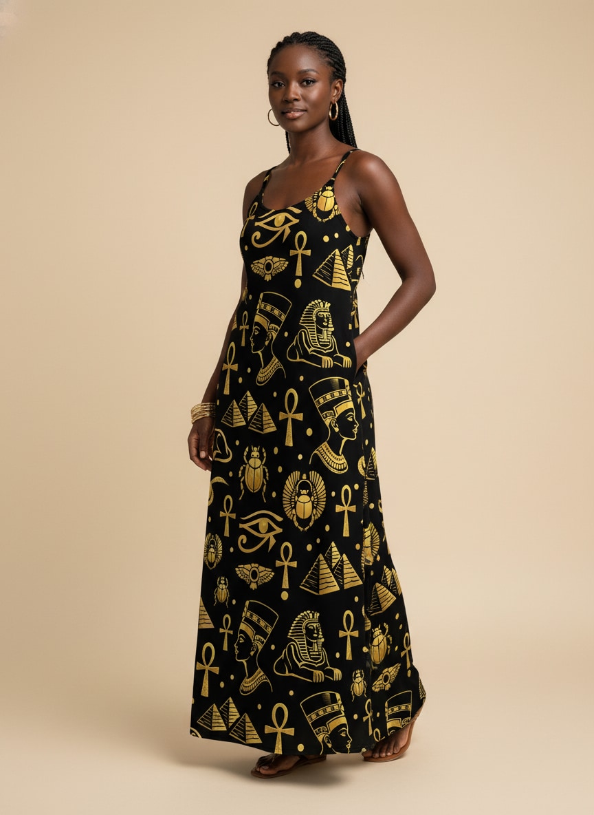 'Nefertiti' Black Gold Maxi Dress